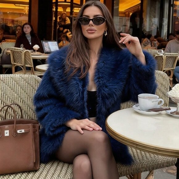Elegant Blue Women's Faux Fur teddy Jacket